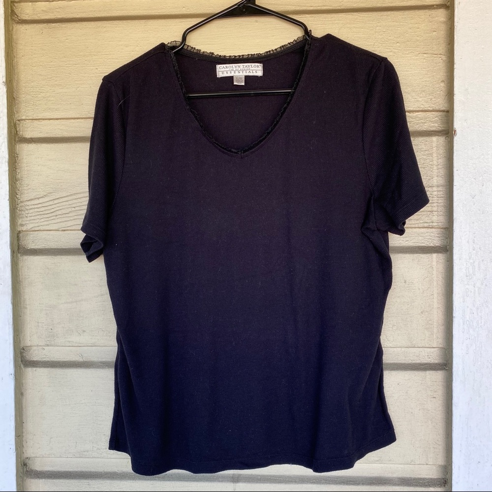 90s black t-shirt with lace trimming on neckline